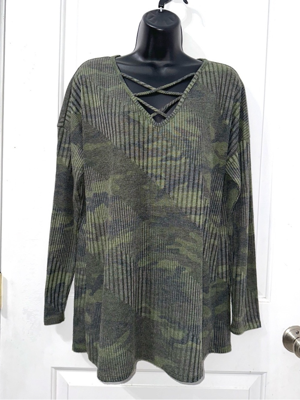 First Love by Lovelyn olive green camo ribbed long sleeve top - Picture 2 of 6